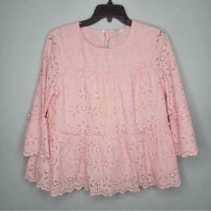 Crown and Ivy Hello Spring Pink Eyelet Tiered Long Sleeve Top